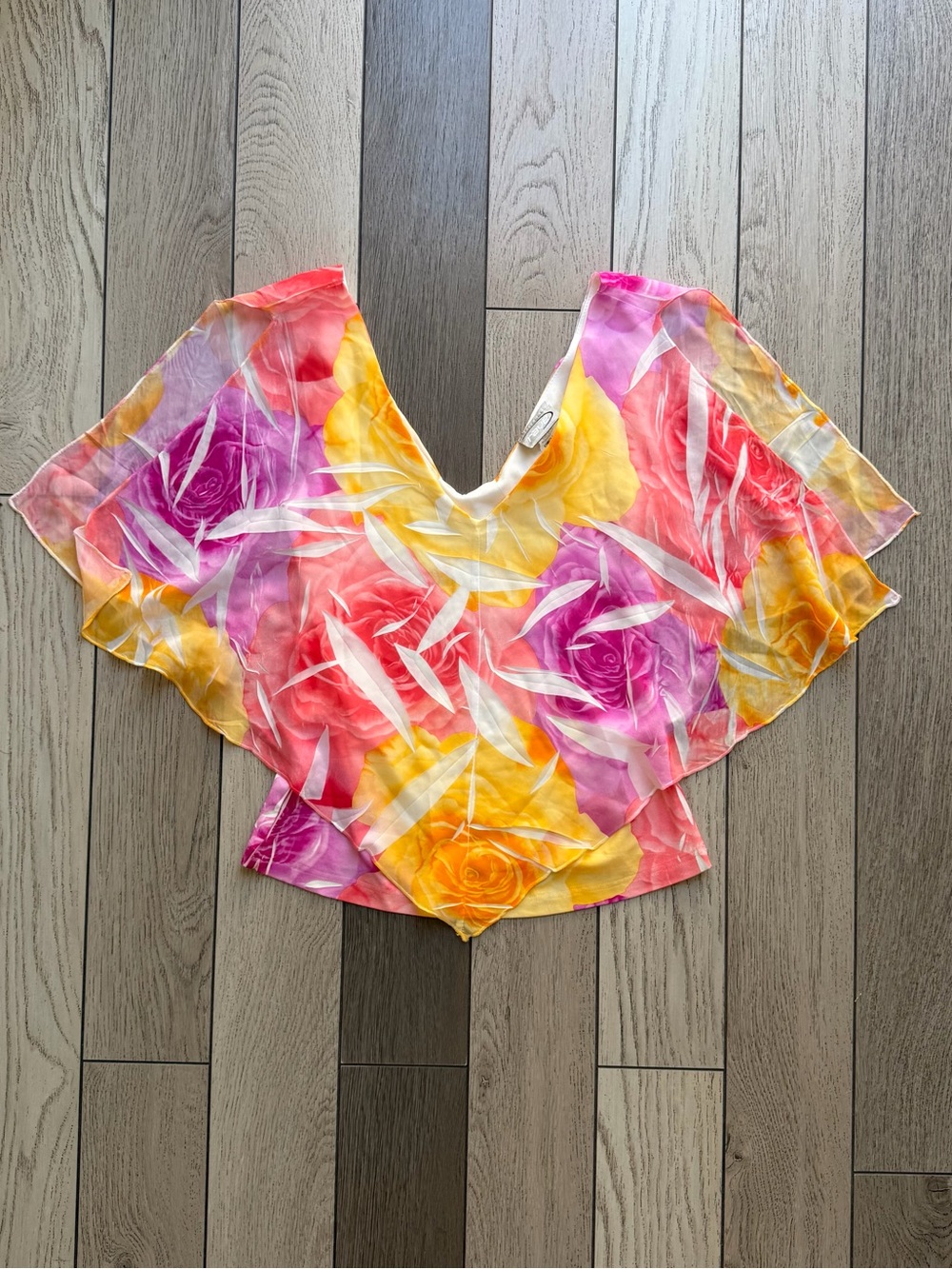 rave Y2K Floral V-Neck Sheer Blouse - Pink, Yellow & Orange M